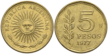 Аргентина 5 песо 1977 Ba, майское солнце KM 71, CJ 324, Schon 71 алюминиевая бронза    60-513