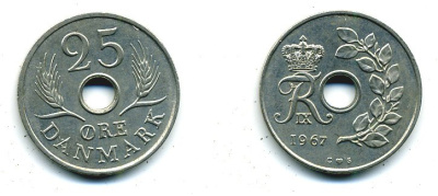 Дания 25 эре 1967 С; S, Фредерик IX (1947-1972) KM 855.1 медно-никель UNC 25-453