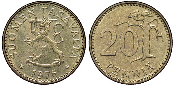 Финляндия 20 пенни 1976 K KM 47 алюминиевая бронза UNC 259-536