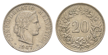 Швейцария 20 раппенов 1947 B KM 29a медно-никель 4625-1043