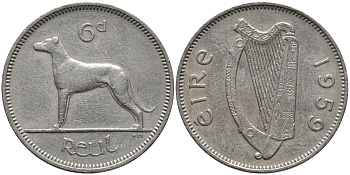 ИРЛАНДИЯ 6 ПЕНСОВ 1959 ИРЛАНДСКИЙ ВОЛКОДАВ KM 13а медно-никель 4387-1061