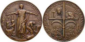 Италия медаль 1938 100-летие основания стрнаховой компании "Riunione Adriatica di Sicurta Trieste" (1828-1938), диаметр 57 мм. бронза 00-00