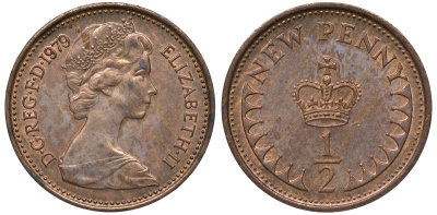 Великобритания 1/2 пенни 1979 Елизавета II (1952-2022) KM 914, Spink 4239 бронза aUNC 4124-637