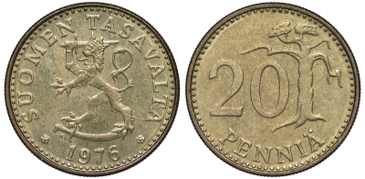 Финляндия 20 пенни 1976 K KM 47 алюминиевая бронза UNC 259-536