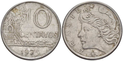 БРАЗИЛИЯ 10 СЕНТАВО 1975 РЕФОРМА 1967-1985, ГОЛОВА СВОБОДЫ ВЛЕВО KM 578.1а нержавеющая сталь 36-1255