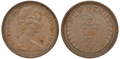 Великобритания 1/2 пенни 1975 Елизавета II (1952-2022) KM 914, Spink 4239 бронза 4596-342