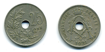 БЕЛЬГИЯ 25 САНТИМОВ 1921 BELGIQUE KM 68.1 медно-никель 86-1745