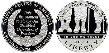 США 1 доллар 2010 W, американские ветераны-инвалиды, в оригинальной коробке KM 479 серебро PROOF 00-00