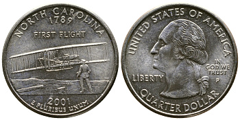 США 25 центов = квотер 2001 Р, серия штаты США, Северная Каролина KM 319 медь плакированная медно-никелем 56-826