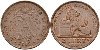 Бельгия 2 сантимА 1919 Belgen KM 65 медь 190-722