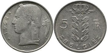 БЕЛЬГИЯ 5 ФРАНКОВ 1968 BELGIE KM 135.1 медно-никель 98-547