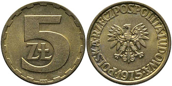 ПОЛЬША 5 ЗЛОТЫХ 1975 МОНДВОР ЛЕНИНГРАД KM 81.1 латунь 110-836