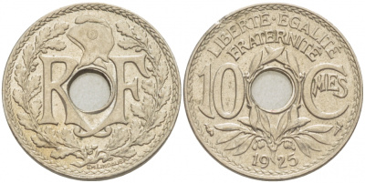 ФРАНЦИЯ 10 САНТИМОВ 1925 ТИП ЛИНДАЙЁ KM 866а медно-никель 4402-752