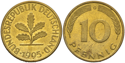 ФРГ 10 пфеннигов 1995 G KM 108, J.383 сталь плакированная латунью 4681-1214