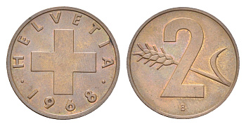 Швейцария 2 раппена 1968 B KM 47 бронза UNC 4705-1214