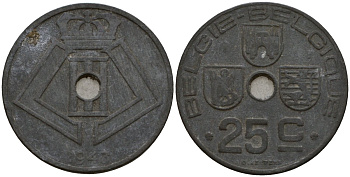 Бельгия 25 сантимов 1943 Belgie - Belgique KM 132 цинк 4599-235