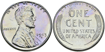 США 1 цент 1943 S (Сан-Франциско), Авраам Линкольн KM 132 a сталь плакированная цинком 96-1163