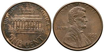 США 1 цент 1993 D, Авраам Линкольн KM 201b цинк плакированный медью 72-351