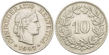ШВЕЙЦАРИЯ 10 РАППЕНОВ 1947 В KM 27 медно-никель 216-1241
