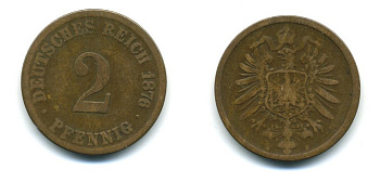 ГЕРМАНИЯ 2 ПФЕННИГА 1876 СТАРОГЕРБОВКА KM 2, J.2 медь 54-335