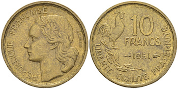 Франция 10 франков 1951 петух KM 915.1, Le Franc 363.4 алюминиевая бронза 4525-936