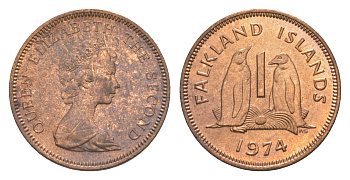 Фолклендские острова 1 пенс 1974 Елизавета II (1952-2022), папуанский пингвин KM 2 бронза  aUNC  4640-854
