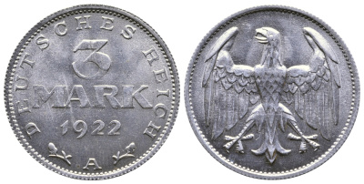 ГЕРМАНИЯ 3 МАРКИ 1922 А KM 28, J. 302 алюминий 4380-721