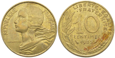 Франция 10 сантимов 1985 тип Марианна KM 929, LE FRANC 144.25 медь алюминий никель 116-264