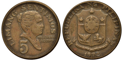 ФИЛИППИНЫ 5 СЕНТИМО 1972 МЕЛЬХОРА АКУИНО KM 197 латунь VG 4181-348