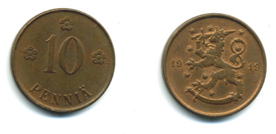 Финляндия 10 пенни 1919 KM 24 медь 37-345