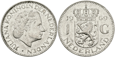 Нидерланды 1 гульден 1969 Юлиана (1948-1980) KM 184а никель 94-623