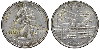 США 25 центов = квотер 2001 Р, серия штаты США, Кентукки KM 322 медь плакированная медно-никелем 4539-232