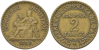 Франция 2 франка 1922 KM 877 алюминиевая бронза 113-934