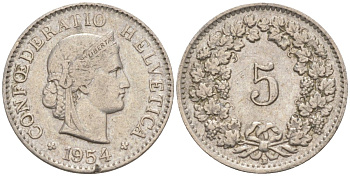 Швейцария 5 раппенов 1954 В KM 26 медно-никель 187-349