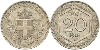 ИТАЛИЯ 20 ЧЕНТЕЗИМО 1918 R, ВИКТОР ИМАНУИЛ III (1900-1946), САВОЙСКИЙ ГЕРБ KM 58 медно-никель 83-1653