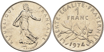 Франция 1 франк 1974 сеятель, тип Semeuse KM 925.1, Le Franc 226.19 никель 4116-1233
