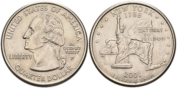 США 25 центов = квотер 2001 Р, серия штаты США, Нью-Йорк KM 318 медь плакированная медно-никелем UNC 92-716