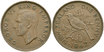 Новая Зеландия 1 пенни 1947 Птица Туи, Король Георг VI (1937 - 1952) KM 13 бронза 81-914