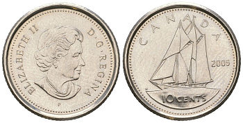 Канада 10 центов 2005 P, Елизавета II (1952-2022), парусник KM 492 сталь плакированный никелем UNC 4381-966