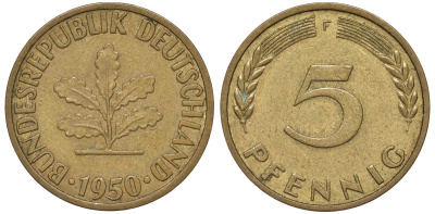 ФРГ 5 пфеннигов 1950 F KM 107, J.382 сталь плакированная латунью 4174-519