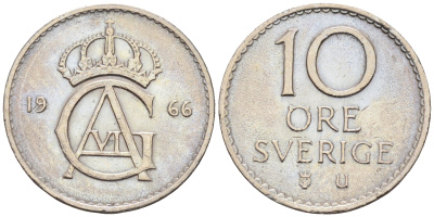 Швеция 10 эре 1966 U, Густав VI Адольф (1950-1973) КМ 835 медно-никель 4169-114