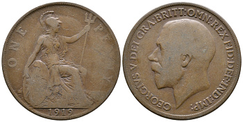 Великобритания 1 пенни 1919 Георг V (1910-1936) KM 810, Spink 4051 бронза 4364-4232