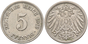 Германия 5 пфеннигов 1910 A KM 11, J. 12 медно-никель 4151-518