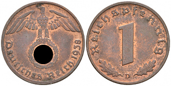 ГЕРМАНИЯ 1 РЕЙХСПФЕННИГ 1938 D J 361, KM 89 бронза aUNC 73-266