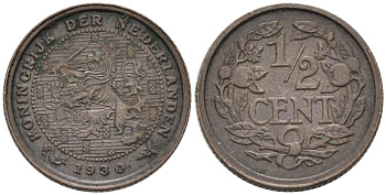 Нидерланды 1/2 цента 1930 Вильгельмина (1890-1948) KM 138 бронза 4576-441