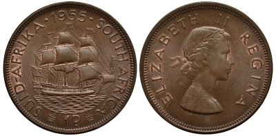 ЮАР 1 ПЕННИ 1955 ЕЛИЗАВЕТА II (1953-), ПАРУСНИК KM 46 бронза UNC 4384-1031