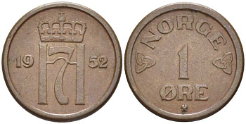 НОРВЕГИЯ 1 ЭРЕ 1952 ХОКОН VII (1905-1957) KM 398 бронза 116-1066