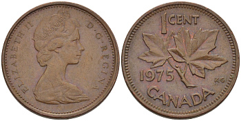 Канада 1 цент 1975 Елизавета II (1952-2022), кленовый лист KM 59.1 бронза 96-342