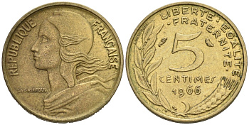 Франция 5 сантимов 1966 тип Morlon KM 933 медь алюминий никель 4567-948