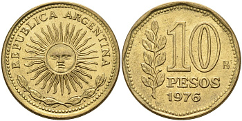 Аргентина 10 песо 1976 Ba, майское солнце KM 72 алюминиевая бронза 4593-1024